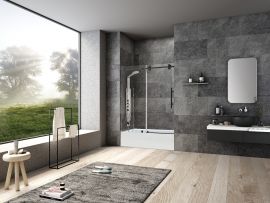 Frameless Shower Door on Bathtub (10mm) Thick Tempered Glass 60"W x 58"H Matte Black---4 Wheels on Bathtub Matte Black