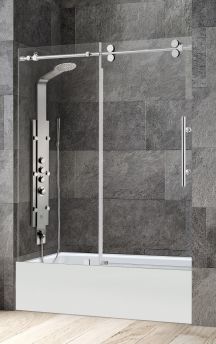 Frameless Shower Door on Bathtub (10mm) Thick Tempered Glass 60"W x 58"H Chrome---4 Wheels on Bathtub Chrome
