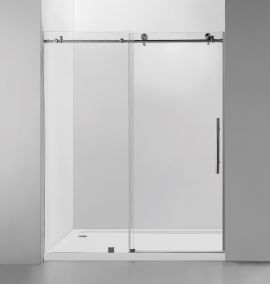 Frameless Shower Door (10mm) Thick Tempered Glass 60"W x 76"H --- 2 Wheels Round Brushed Nickel