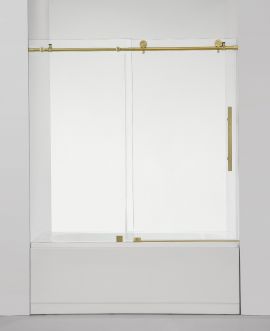 Frameless Shower Door on Bathtub (10mm) Thick Tempered Glass 60"W x 58"H Brushed Gold---4 Wheels on Bathtub Brushed Gold